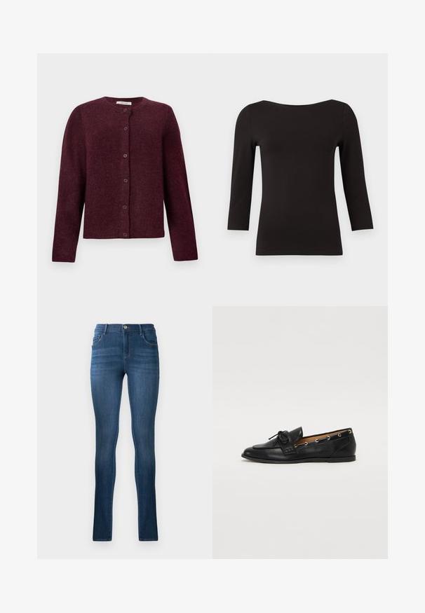 Bordó kardigán, puha anyagból készült, hosszú ujjaival, kerek nyakkivágással és hat gombbal, amelyek elöl helyezkednek el.; Fekete, hosszú ujjú felső sima, rugalmas anyagból. Széles nyakkivágással és testhez simuló siluettel rendelkezik, minták vagy díszítések nélkül.; Sötétkék farmer skinny farmernadrág, magas derékkal, klasszikus öt zsebes kialakítással és finom kopással. Fém gombos záródás.; Fekete bőr lófarok cipők, megkötött masnival, arany szemcsés díszítéssel az oldalán és lapos gumitalppal. Simaság, klasszikus dizájn.