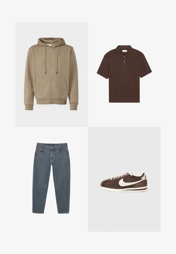 Világos barna cipzáras kapucnis pulóver húzózsinóros kapucnival, elöl zsebekkel, bordázott mandzsettákkal és szegéllyel. Puha, texturált anyagból készült a kényelem érdekében.; Barna pólóing puha anyagból, gallérral, háromgombos záródással és bal oldali mellzsebbel. Rövid ujjú, laza szabású.; Sötétkék farmernadrág, laza szabással, öt zsebbel, gombos záródással és enyhén rojtos szegéllyel. Tartós anyag, finom textúrával.; Barna sneaker, amely velúr és vászon anyagok keverékéből készült, fehér Nike pipa logóval és érdes gumitalppal rendelkezik.