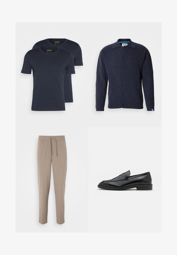 Scotch & Soda OPEN WORK LONG SLEEVE - Cardigan - sky captain; Esprit 2 PACK - T-shirts - navy; Lys beige bukser med elastisk talje, justerbar snor og avsmalnede ben. Stoffet ser glatt ut med en svak glans.; Sorte skinnloafers med en glatt overflate, med rund tå og en smal band over vristen. Lavt stablet hæl.