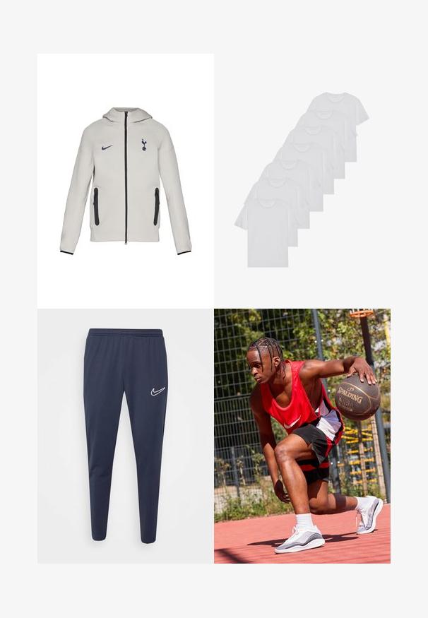 Haut à capuche zippé gris clair, présentant un logo Nike et un emblème de Tottenham, avec des zips et des accents noirs, en tissu lisse, et un design à capuche.; T-shirts en coton blanc, à manches courtes, design col rond, texture uniforme, empilés en rangée, avec un logo subtil au niveau de l'encolure.; Pantalons de sport navy avec une taille élastique, jambes effilées, en tissu lisse, arborant un logo Nike blanc sur le côté gauche.; Joueur de basket en débardeur rouge Nike et shorts noirs, dribblant un ballon de basket Spalding sur un terrain rouge. Porte des chaussures de sport blanches.