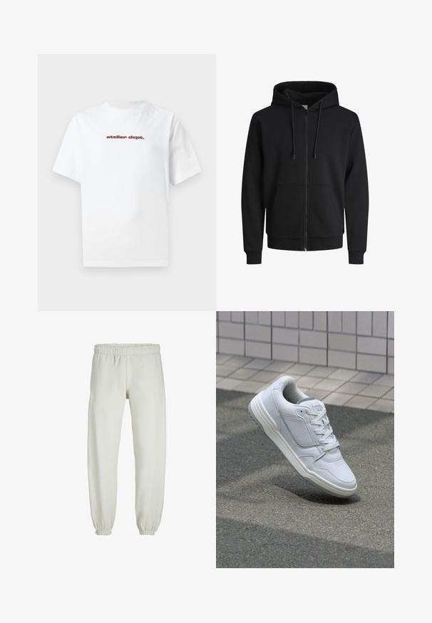 Hanorac negru cu fermoar, realizat dintr-un material tip trening. Dispune de o glugă cu snur, buzunare frontale, manșete ribbate și un tiv ribbat. Textură netedă.; Tricou alb din bumbac, cu mâneci scurte și decolteu rotund, având text roșu "atelier dept." inscripționat pe față. Design simplu.; Pantaloni de trening albi, realizati dintr-un textile moale, avand talie elastica si mansete, cu o textura fina si un design lejer.; Adidași din piele albă cu părți perforate, accente texturate, șireturi plate și un călcâi gri contrastant. Prezintă o talpă ușor ridicată.