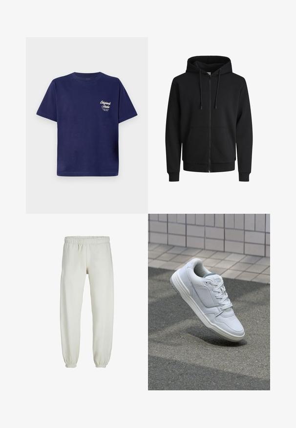 Zwarte zip-up hoodie van sweatstof. Beschikt over een capuchon met trekkoord, voorzakken, ribgebreide manchetten en een ribgebreide tailleband. Gladde textuur.; Marineblauwe katoenen T-shirt met korte mouwen, ronde hals en kleine witte tekstgrafiek aan de voorkant links. Eenvoudig, effen kleurontwerp.; Witte sweatpants gemaakt van zachte stof, met een elastische tailleband en boorden, een gladde textuur en een losvallend ontwerp.; Witte lederen sneaker met geperforeerde zijkanten, gestructureerde accenten, platte veters en een contrasterende grijze hiel. Voorzien van een iets verhoogde zool.