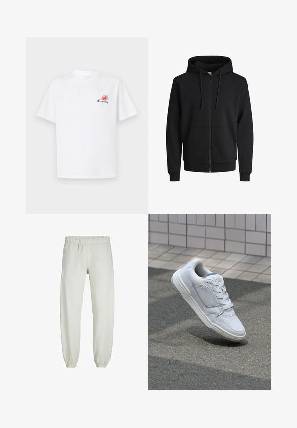 Sort zip-up hoodie lavet af sweatshirt-stof. Har en hætte med snoretræk, forlommer, ribbede manchetter og talje. Glat tekstur.; Hvid bomulds T-shirt med korte ærmer, rund halsudskæring og et farverigt trykt design af en jordbær med teksten "Frossen Jordbær."; Hvide sweatpants lavet af blødt stof, med elastisk talje og håndled, der har en glat tekstur og løs pasform.; Hvide lædersneakers med perforerede sider, teksturerede detaljer, flade snørebånd og en kontrasterende grå hæl. Har en let forhøjet sål.