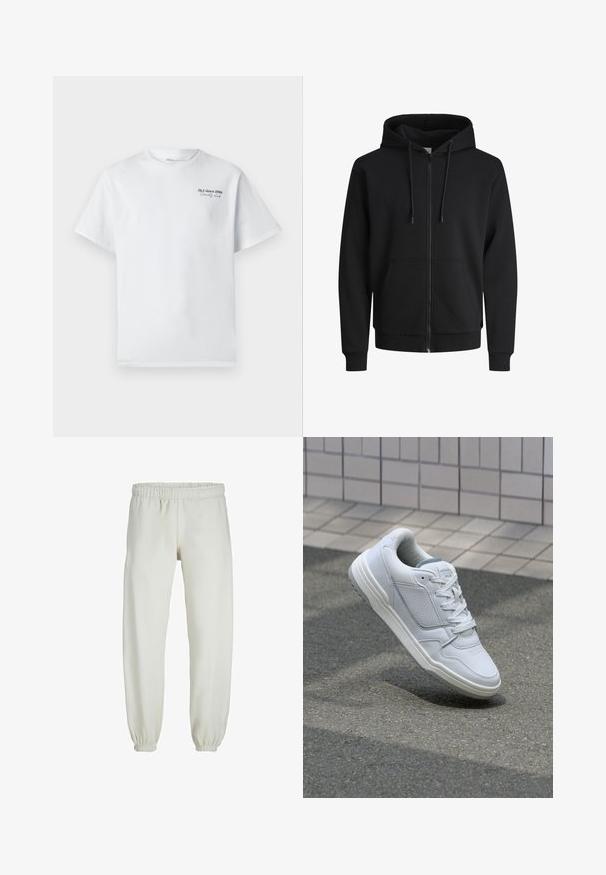 Juodas zip-up gobtuvinis džemperis, pagamintas iš džinsinio audinio. Savybės: su raišteliu reguliuojamas gobtuvas, priekinės kišenės, guminiai rankogaliai ir juosmuo. Lygus paviršius.; Baltas medvilninis marškinėliai su trumpomis rankovėmis, apvaliu iškirpimu, su mažu juodu tekstiniu logotipu "J&J since 1990 Society Club" ant krūtinės.; Baltos sportinės kelnės, pagamintos iš minkštos medžiagos, su elastinga juosmeniu ir rankogaliais, turinčios lygią tekstūrą ir laisvą siluetą.; Baltos odinės sportinės bateliai su perforuotais šonais, tekstūruotais akcentais, plokščiomis raištelėmis ir kontrastingu pilku kulnu. Yra šiek tiek pakelti padas.