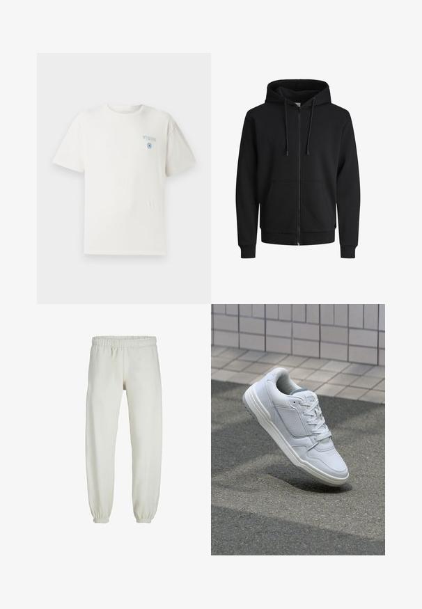Czarna bluza z kapturem na zamek wykonana z materiału dresowego. Wyposażona w kaptur ze sznurkiem, przednie kieszenie, ściągacze na mankietach i pasie. Gładka tekstura.; Biała bawełniana koszulka z okrągłym dekoltem, krótkimi rękawami oraz niebieskim grafiką "MYKONOS" na lewej piersi, z okrągłym elementem graficznym.; Białe dresy wykonane z miękkiego materiału, z elastycznym pasem i mankietami, o gładkiej fakturze i luźnym kroju.; Białe skórzane trampki z perforowanymi bokami, teksturowanymi akcentami, płaskimi sznurowadłami i kontrastującym szarym obcasem. Posiadają lekko podniesioną podeszwę.
