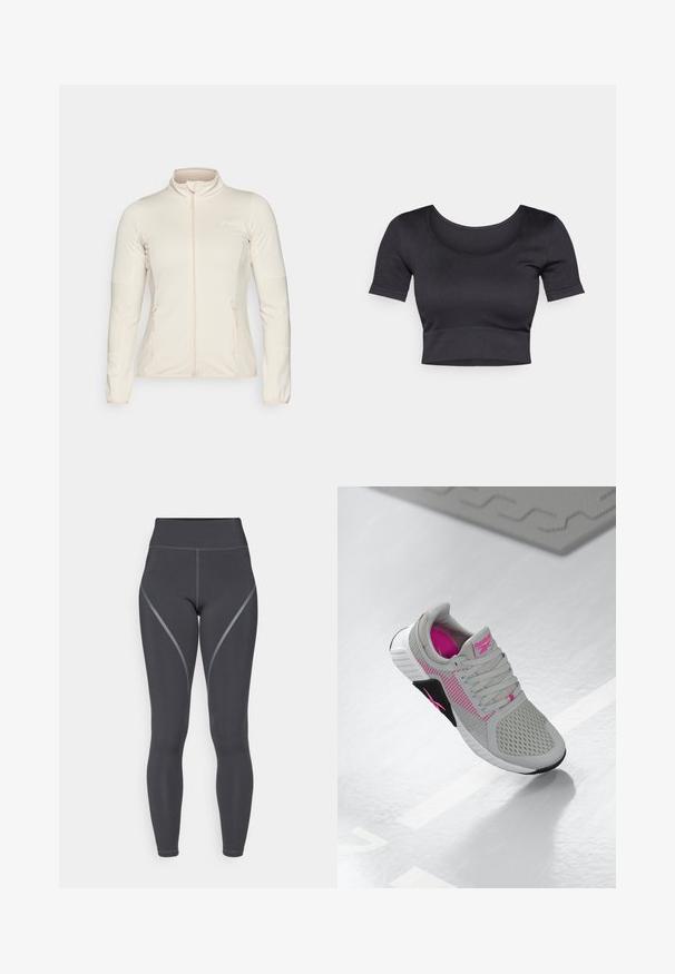 Light beige zip-up jacket, featuring long sleeves, textured side panels, and two front zip pockets. Smooth fabric with flattering fit.; Black ribbed cropped top with short sleeves, wide round neckline, and a fitted band at the bottom. Soft texture, casual design.; High-waisted black leggings featuring a smooth texture, gray accent seams, and a streamlined design, tailored for active wear.; Gray and pink Reebok athletic sneaker with mesh upper and detailed sole, displayed on a reflective white surface.