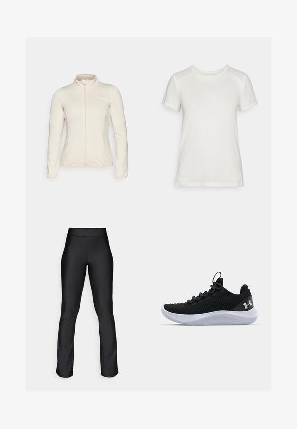 Hellbeige Zip-Jacke mit Reißverschluss, langärmeligen Ärmeln, strukturierten seitlichen Einsätzen und zwei vorderen Reißverschlusstaschen. Glattes Material mit taillierter Passform.; Weißes T-Shirt mit kurzen Ärmeln aus weichem Stoff, mit Rundhalsausschnitt und lockerer Passform sowie glatten, nahtlosen Schulterakzenten.; Schwarze Stretch-Leggings mit glatter Textur und enganliegendem Design. Sie verfügen über einen breiten Bund und eine leichte Ausweitung an den Knöcheln. Keine sichtbaren Muster.; Schwarze Sportschuhe mit einem atmungsaktiven Mesh-Obermaterial, strukturierten Details und einer weißen Gummisohle. Ausgestattet mit flachen Schnürsenkeln und einer Zuglasche an der Ferse.
