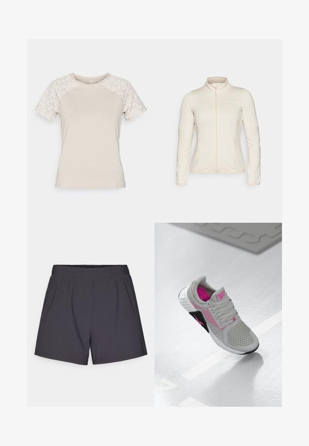 Lys beige zip-jakke med lange ermer, teksturerte sidepaneler og to frontlommer med glidelås. Rektangulært stoff med flatterende passform.; Beige t-skjorte med korte ermer; teksturert kropp og blomster mønstrede ermer. Rund hals; myk stoff. Passer for avslappet bruk.; Svarte idrettsshorts laget av lett, elastisk stoff. Har en elastisk midje og et enkelt, uornamentert design.; Grå og rosa Reebok treningssko med mesh-overdel og detaljert såle, vist frem på en reflekterende hvit overflate.