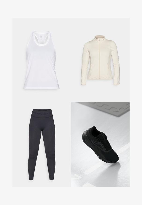 Svetlo bež jopica na zadrgo, z dolgimi rokavi, teksturiranimi stranskimi paneli in dvema sprednjima žepoma na zadrgo. Gladek material z laskavim krojem.; Bela atletska tank majica iz dihalnega materiala, z zaobljenim izrezom in obliko racerback, ter strukturiranim šivom na robu.; Črne legice z visokim elastičnim pasom, na katerem je napis "UNDER ARMOUR". Gladka tekstura z diskretnimi vzorčnimi akcenti ob nogah.; Črne športne čevlje z mrežasto zgornjim delom, okroglo konico, oblazinjenim podplatom in teksturiranimi detajli, postavljeni na gladko belo površino.