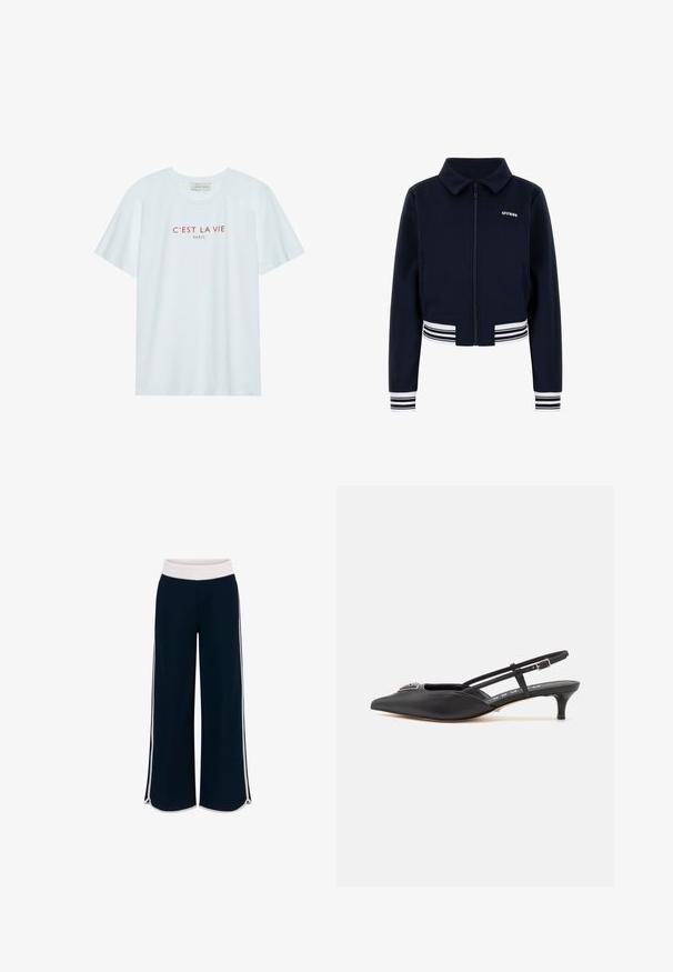 Navy blue cropped jacket with a zip front, classic collar, contrasting white striped cuffs, and a small logo on the chest.; White cotton t-shirt with crew neck and short sleeves. Features red printed text "C'EST LA VIE PARIS" across the chest. Simple design.; Navy wide-leg pants with a white elastic waistband and contrasting side stripes. Smooth texture with a relaxed fit and side slits at the hem.; Black slingback shoes with a pointed toe, made of smooth material, featuring a small heel and a decorative silver accent on the vamp.