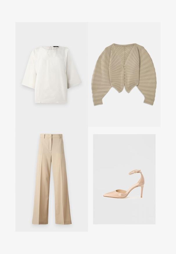 Bež kardigan s plisami in globokim V-izrezom, z zapiranjem na gumb in širokimi rokavi, ki ima ribano teksturo po celotni dolžini.; Bela bluzica s kratkimi rokavi in zaobljenim izrezom ter odprtino na hrbtu. Gladka tekstura in minimalističen dizajn nudita udoben kroj.; Beige široke hlače iz gladkega materiala, z ravnim odprtjem spredaj in naborki, z vodilom na zadrgo in zankami za pas. Prilagojen kroj.; Nude lakirani čevlji s koničastim prstom, z naramnicami in stiletto peto, ki se ponašajo z gladko teksturo in minimalističnim dizajnom.