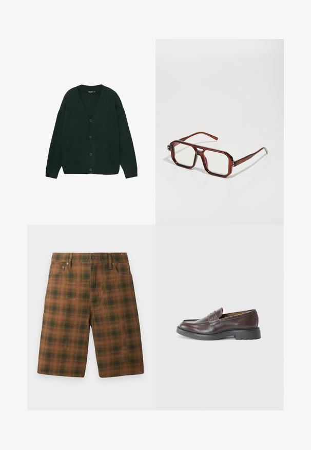 Cardigan vert foncé en tissu tricoté doux, avec un col en V, des poignets côtelés et cinq boutons sur le devant. Design à coupe décontractée.; Deux t-shirts à manches courtes et col rond, un noir et un blanc, fabriqués en coton doux avec une texture côtelée. Design à coupe classique.; Shorts à carreaux marron avec un motif texturé, présentant une coupe classique, cinq poches et des accessoires en métal à la taille.; Mocassins en cuir marron avec une finition lisse, bout rond, couture minimaliste et une épaisse semelle en caoutchouc noir. Aucun matériel ou accent visible.; Lunettes oversized transparentes marron avec des verres rectangulaires et des branches fines. Coins légèrement arrondis et angulaires, avec des accents matériels visibles.; Collier en argent avec des maillons épais et un pendentif circulaire central avec des détails complexes. Surface en métal lisse et réfléchissante.