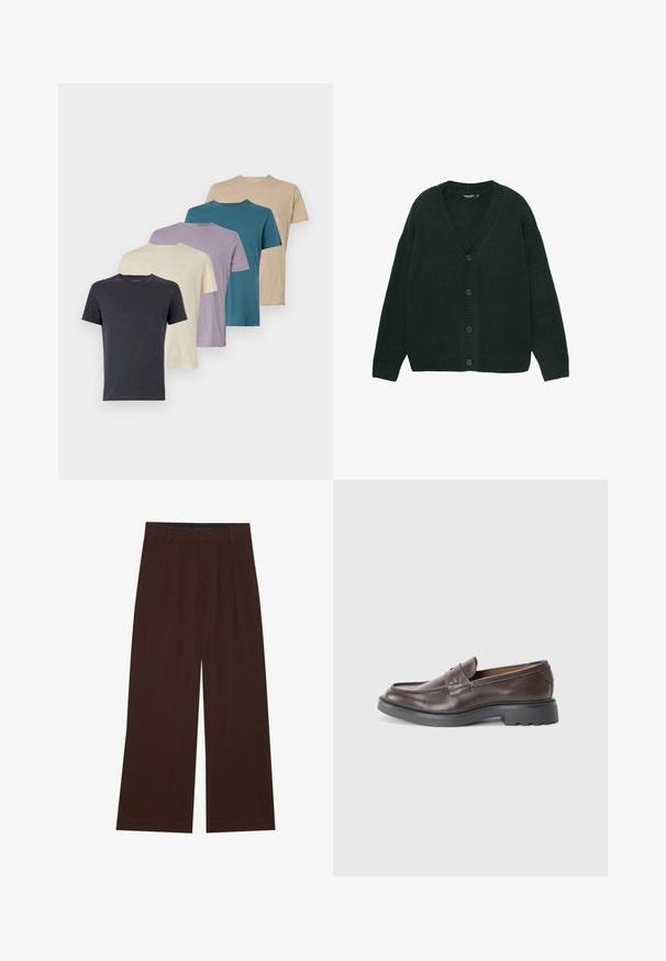 Temnozeleni kardigan iz mehkega pletenega materiala, z V-izrezom, rebrastimi manšetami in petimi gumbi na sprednji strani. Ohlapen kroj.; Pet kratke rokave majice v temno sivi, kremni, sivki, teal in bež barvi. Narejene so iz mehkega blaga, z okroglim izrezom in standardnim krojem.; Rjave široke hlače s plisami. Narejene iz gladkega materiala, s prilagojenim pasom in stranskimi žepi. Ravna obroba na dnu.; Rjavi usnjeni loafersi z gladko površino, okroglo konico, minimalnim šivom in debelim črnim gumijastim podplatom. Brez vidnih kovinskih delov ali naglasi.