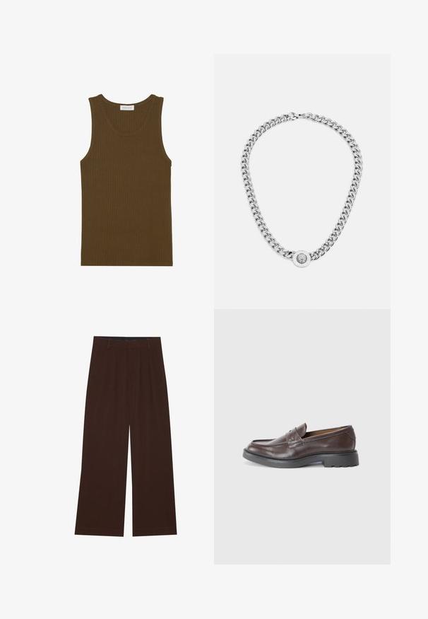 Dunkelgrüner Cardigan aus weichem Strickstoff, mit V-Ausschnitt, gerippten Bündchen und fünf Knöpfen auf der Vorderseite. Entspannt geschnitten.; Rippen-Tanktop in dunkelolivgrün, mit rundem Halsausschnitt und ärmellosem Design, mit festen Kanten und angenehmer Textur.; Braune weite Hosen mit Falten. Aus einem glatten Stoff gefertigt, mit einem taillierten Bund und seitlichen Taschen. Flacher Saum am Boden.; Braune Lederloafers mit glatter Oberfläche, runder Zehenpartie, minimaler Naht und dicker schwarzer Gummisohle. Kein sichtbares Zubehör oder Akzente.; Silberne Halskette mit dicken Gliedern und einem zentralen runden Anhänger mit filigranen Details. Glatte, reflektierende Metalloberfläche.