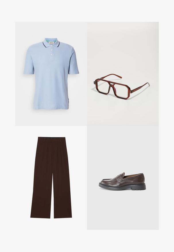 Temnozeleni kardigan iz mehkega pletenega materiala, z V-izrezom, rebrastimi manšetami in petimi gumbi na sprednji strani. Ohlapen kroj.; Svijetloplava polo majica od rebraste tkanine, s plaketom s dva dugmeta, kratkim rukavima i tamnoplavim obrubom na ovratniku.; Rjave široke hlače s plisami. Narejene iz gladkega materiala, s prilagojenim pasom in stranskimi žepi. Ravna obroba na dnu.; Rjavi usnjeni loafersi z gladko površino, okroglo konico, minimalnim šivom in debelim črnim gumijastim podplatom. Brez vidnih kovinskih delov ali naglasi.; Rjavi prozorni preko velikh naočala s pravokutnim lećama i tankim okovima. Kutni, blago zaobljeni rubovi i vidljivi hardverski detalji.; Srebrna verižica z дебелыми povezavami in osrednjim krožnim obeskom z zapletenim detajliranjem. Gladka, odsevna površina kovine.