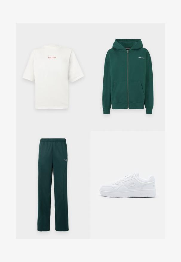 Zaļa jaku ar rāvējslēdzēju, izgatavota no mīkstas auduma, ar kapuci, priekšējām kabatām un mazu baltu logotipu kreisajā krūšu zonā.; Balts kokvilnas T-kreklis ar apaļu kaklu un īsām piedurknēm. Priekšā ir neliels sarkans "PEGADOR" logo. Mīksta tekstūra, brīvs piegriezums.; Tumši zaļi sporta bikses, izgatavotas no mīksta auduma, ar elastīgu jostu un sānu šuvēm, ar mazu logotipu priekšpusē.; Baltas sporta apavi, kas izgatavoti no gludas sintētiskas vielas, ar apaļu purngalu, plakanu zoli un uzsvērtiem logo akcentiem sānos. Klasisks zema profila dizains.