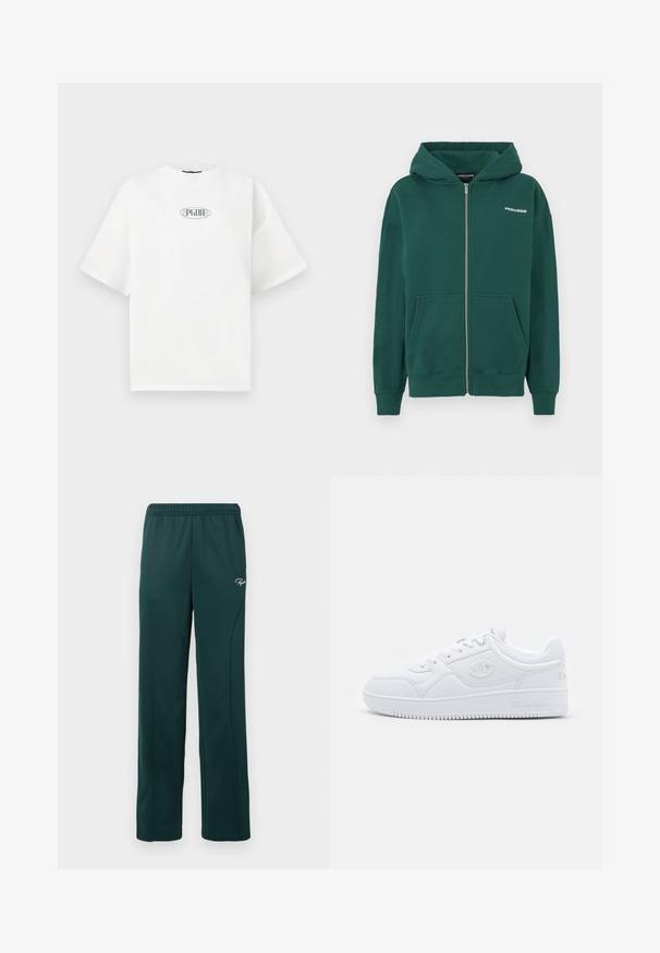 Grønn hettejakke med glidelås laget av mykt stoff, med hette, frontlommer og en liten hvit logo på venstre brystområde.; Hvit kortermet t-skjorte laget av bomull, med en grafisk logo i grønt plassert i en oval form på midten av brystet.; Mørkegrønne joggebukser laget av mykt stoff, med elastisk midjebånd og sidesømmer, samt en liten logo foran.; Hvit sneakers laget av glatt syntetisk materiale, med rund tå, flat såle og subtile logoaksenter på sidene. Klassisk lavt design.