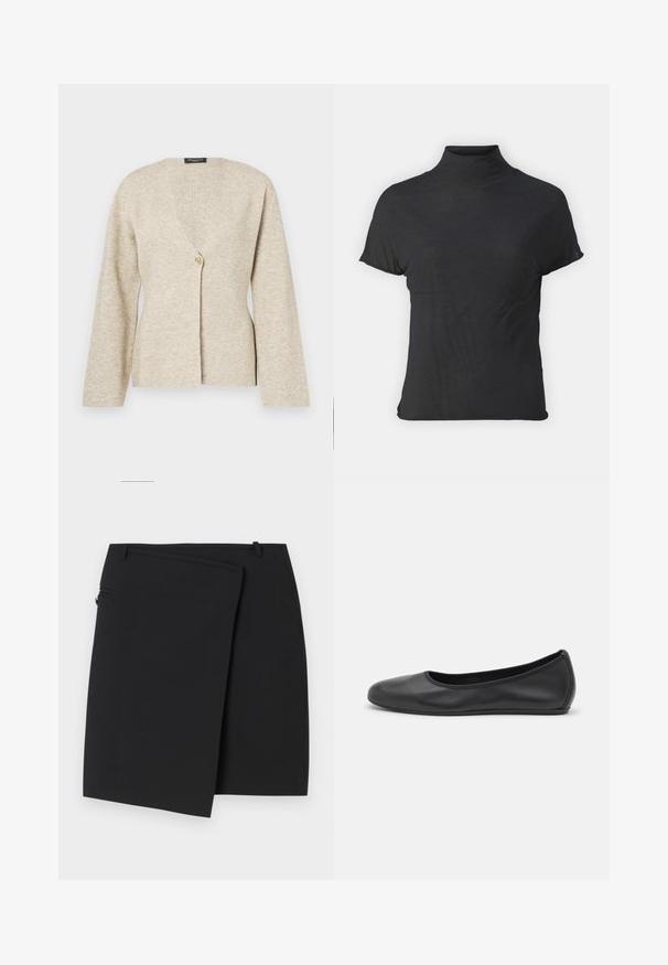 Beige cardigan made of soft knit fabric, featuring a V-neck, long sleeves, and a single gold button closure at the front.; Black short-sleeve turtleneck top made of lightweight fabric with a smooth texture and a fitted shape, featuring a high neckline.; Black wrap skirt with a smooth texture, featuring a side zip closure and two belt loops. Simple design with no visible patterns or accents.; Black leather ballet flat with a rounded toe, smooth texture, minimal stitching detail, and a flexible sole design.