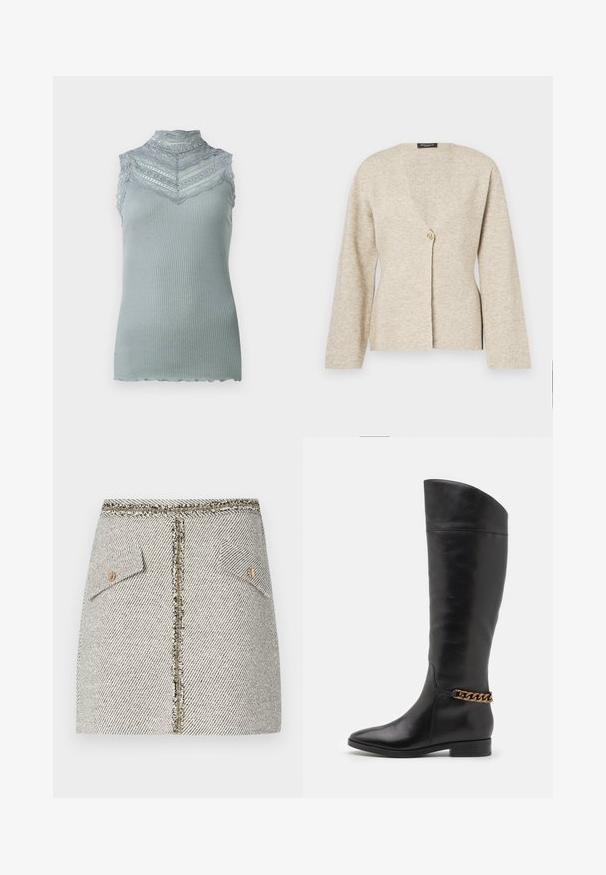 Beež kardigan pehmest kudumist, millel on V-kaelus, pikad varrukad ja ees üks kuldne nööp.; Kätseteta maksa särk heledast hallist ribatud kangast, millel on pitsikirmega äär ja laineline serv ning kihiline pitsimuster rinna piirkonnas.; Kootud tweed seelik valge ja musta kalascrossi mustriga, millel on kaks esimest taskut ja kuldne tõmblukk seljal, mille servad on frantsiisitud.; Kõrged mustad nahast saapad, millel on stiilne disain, terav nina ja kuldne kett aktsent pahkluul. Madal plokk-konts. Sile tekstuur.