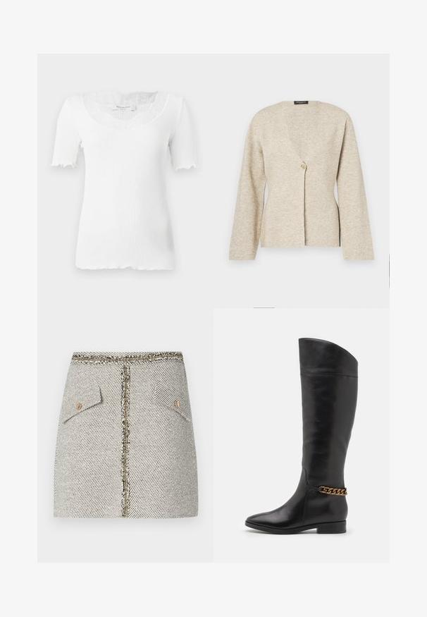 Beež kardigan pehmest kudumist, millel on V-kaelus, pikad varrukad ja ees üks kuldne nööp.; Valge ribaga lühikeste varrukatega topp, millel on laineline kaelus ja pitsdetail kaeluses. Lainelised servad käiste all.; Kootud tweed seelik valge ja musta kalascrossi mustriga, millel on kaks esimest taskut ja kuldne tõmblukk seljal, mille servad on frantsiisitud.; Kõrged mustad nahast saapad, millel on stiilne disain, terav nina ja kuldne kett aktsent pahkluul. Madal plokk-konts. Sile tekstuur.