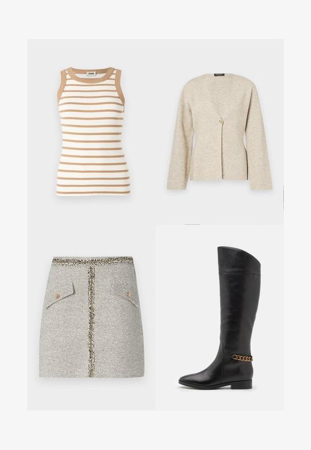 Cárdigan beige de tejido de punto suave, con escote en V, mangas largas y un cierre en la parte frontal con un solo botón dorado.; Top sin mangas de canalé en crema y rayas horizontales de color marrón claro. Cuenta con un cuello y sisas en contraste de color marrón.; Falda de tweed tejido en un patrón de espiga blanco y negro, presenta dos bolsillos frontales y una cremallera en tono dorado en la parte trasera con bordes deshilachados.; Botas altas de cuero negro con un diseño elegante, punta afilada y un acento de cadena dorada en el tobillo. Tacón bajo tipo bloque. Textura suave.