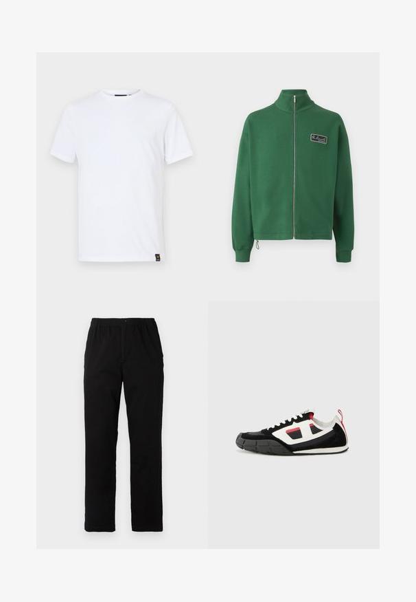 Grøn zip-up sweatshirt med ståkrave, fremstillet af blødt stof, med et lille mærke på venstre bryst og ribbede manchetter.; Hvid kortærmet t-shirt lavet af bomuld, med en klassisk rund halsudskæring, lige snit og et lille logo-patch ved kanten.; Sorte bukser lavet af en bomuldsblandingsstof, med lige snit, elastisk talje med knap, og uden synlige mønstre eller detaljer.; Diesel S PAGODHA LOW - Sneakers - black