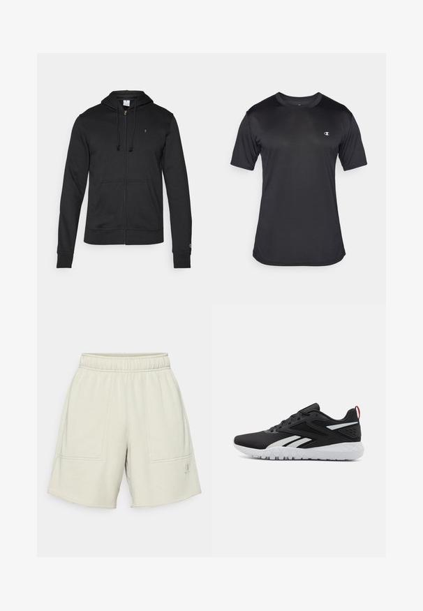 Champion ICONS TONAL FULL ZIP HOODIE - Lukuga pusa - black; Must be vestikad mustad lühikeste varrukatega spordipüüks, valmistatud tekstuuritud ja hingavast kangast; sellel on ümmargune kaelus ja logo vasakul rinnal.; Heledad hallhalli spordishortsid elastse vöödiga, kaks esist taskut ja peened õmblused. Kangas näib olema pehme ja tekstureeritud.; Mustad mustat spordijalatsid, millel on sissetõmmatav pealis, valged detailid, tekstureeritud talla ja punane kandmisosa lisadetailideks.