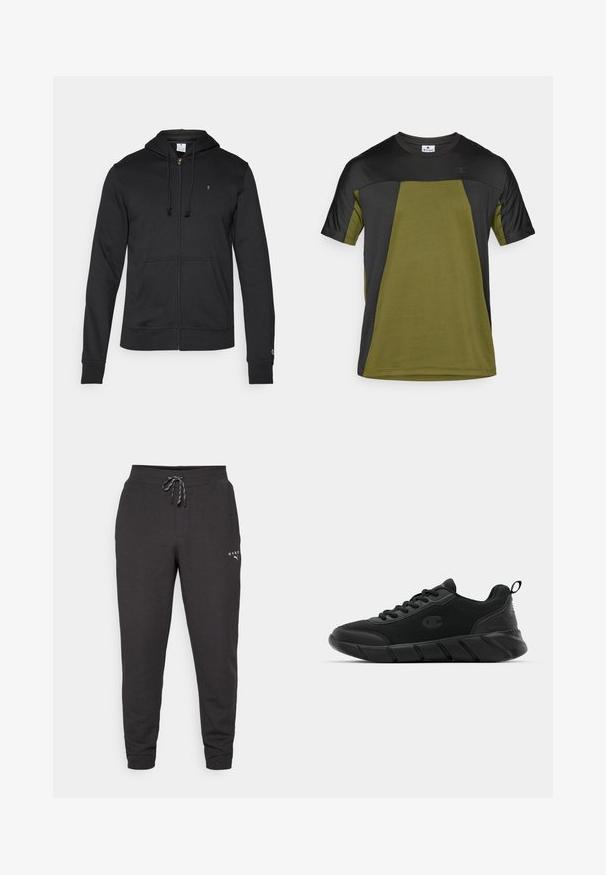 Champion ICONS TONAL FULL ZIP HOODIE - Camisola com fecho - black; Champion C-TECH COLORBLOCK CREWNECK - T-shirt desportiva - khaki; Calças de jogging pretas feitas de tecido macio, com um cordão na cintura, tornozelos ajustados e um pequeno logotipo na parte inferior.; Tênis de desporto pretos com parte superior em malha, biqueira reforçada, entressola texturizada e loop na parte de trás para calçar facilmente. Logotipo exibido ao lado.