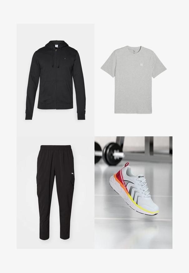 Champion ICONS TONAL FULL ZIP HOODIE - Bluză de molton cu fermoar - black; Tricou gri din bumbac, cu guler rotund, mâneci scurte și un mic patch cu logo alb pe partea stângă a pieptului. Textură moale, design simplu.; Pantaloni cargo negri cu talie elastică, dotati cu buzunare laterale și dintr-un material ușor și elegant. Potriviți pentru ținute casuale sau activități sportive.; Pantofii sport albi cu partea superioară din plasă, accente colorate în roșu, portocaliu și galben, având o talpă texturată și detalii negre.