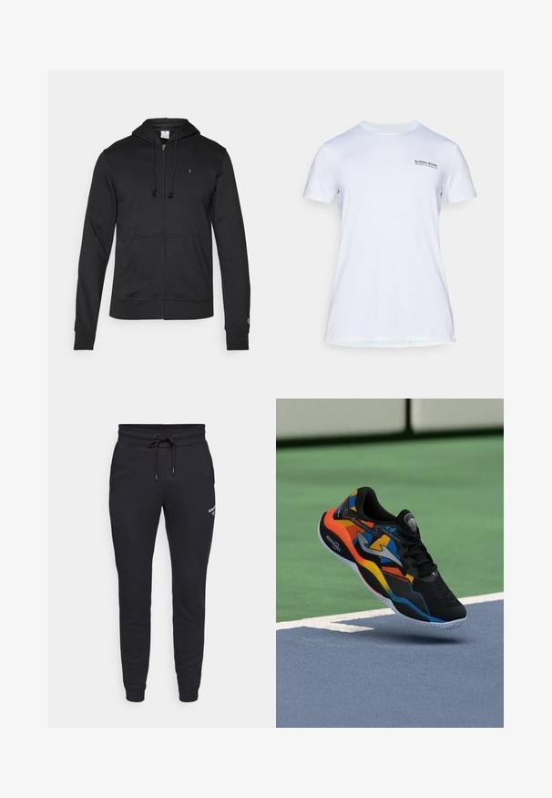 Champion ICONS TONAL FULL ZIP HOODIE - Camisola com fecho - black; T-shirt atlético de manga curta branca com o texto "Björn Borg Training Club Monaco" impresso no lado superior esquerdo do peito.; Calças de jogging pretas feitas de tecido suave, com uma cintura elástica e cordão, e pernas ajustadas. Inclui um pequeno detalhe de logotipo.; Shoe esportivo preto com detalhes coloridos em laranja, azul e amarelo. Apresenta uma superfície texturizada e sola de borracha branca com padrão de ranhuras.