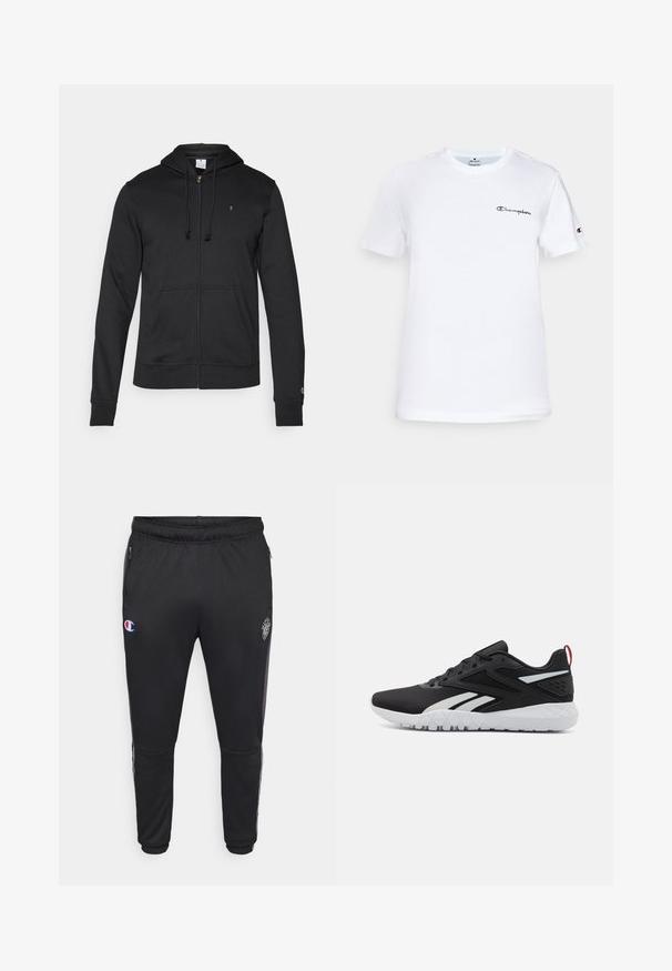 Champion ICONS TONAL FULL ZIP HOODIE - Športna jopa s kapuco na zadrgo - black; Bela bomba iz bombažne tkanine s krožnim izrezom, kratkimi rokavi in črnim vezenim logotipom "Champion" na prsih in akcentom na rokavu.; Črne športne hlače s prilegajočo se zasnovo, izdelane iz gladkega materiala. Imajo žepke z zadrgo in poudarke s Champion logotipom na levem stegnu.; Črne atletske čevlje z mrežastim zgornjim delom, belimi poudarki, strukturirano podplatom in rdečo zanko na peti za dodaten detajl.