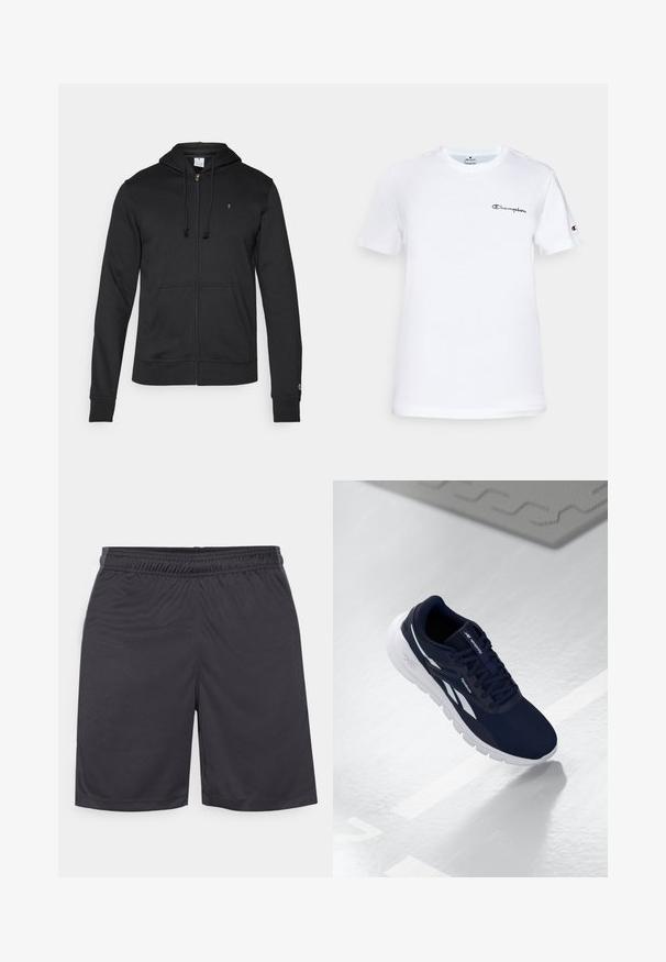 Champion ICONS TONAL FULL ZIP HOODIE - Lukuga pusa - black; Valge puuvillane T-särk, millel on ümar kaelus, lühikesed varrukad ja must tikandiga "Champion" logo rinnal ning varruka aksendil.; Mustad mustikud sportlikud lühikesed püksid, mis on valmistatud siledast ja kergest kangast. Omavad elastset vöökohta ja õmblustega alumist serva, ilma nähtavate taskute või mustriteta.; Tumesinine spordijalanõud tekstureeritud pealmise, valgete detailide ja pehme tallaga. Omab paelad ja logo keelel.