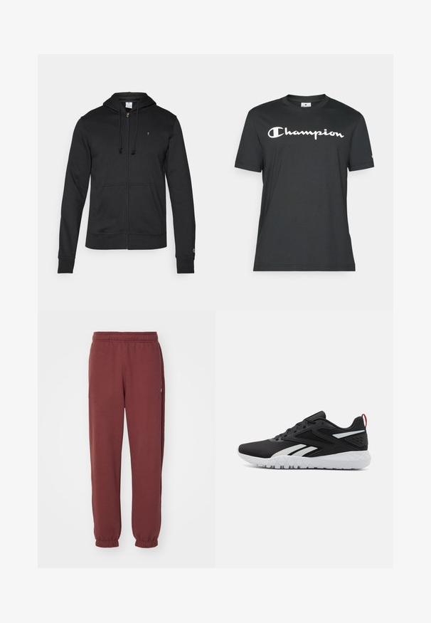 Champion ICONS TONAL FULL ZIP HOODIE - Cipzáras pulóver - black; Fekete pamut póló rövid ujjal és kerek nyakkivágással. Az elején fehér "Champion" logó található.; Champion ICONS CUFF PANTS - Tréningruha alsók - dark brown; Fekete sportcipők, hálós felsőrésszel, fehér részletekkel, textúrázott talppal és piros sarkú szalaggal a további részletekért.