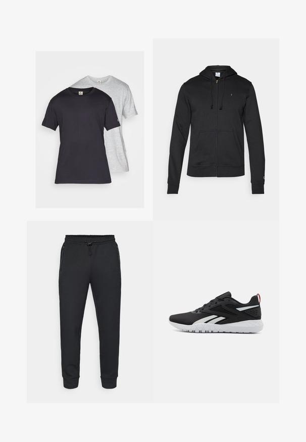 Champion ICONS TONAL FULL ZIP HOODIE - Sweatjakke - black; To korte ermer t-skjorter, en svart og en lys grå. Begge er laget av bomull, med rund hals og en avslappet passform.; Svart atletiske joggebukser med elastisk midje og snøring, sidelommer med glidelås og ribbede mansjetter. Laget av et mykt, strukturert stoff.; Sorte sportsko med mesh-overdel, hvite detaljer, teksturert såle og en rød hæltab for ekstra detaljer.