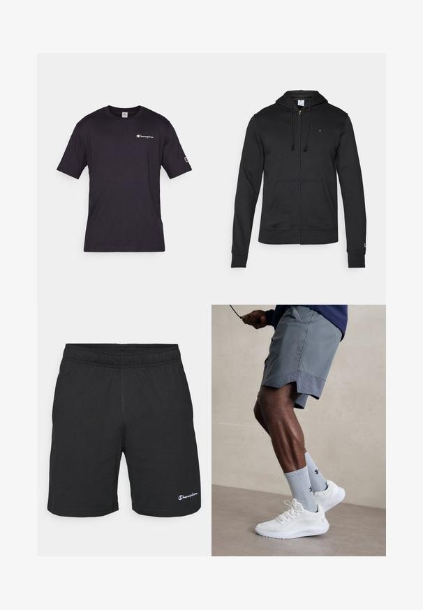 Champion ICONS TONAL FULL ZIP HOODIE - Sweatjakke - black; Svart bomull T-skjorte med rund hals, korte ermer, og en liten hvit Champion-logo på brystet og ermet. Lett tekstur.; Sorte treningshorts med elastisk linning, laget av myk stoff, med en liten hvit logo nederst til venstre.; Hvite treningssko med teksturert mesh-overdel, kombinert med lyseblå ribbestrikkede sokker med logo. Grå treningsshorts med perforert kant.