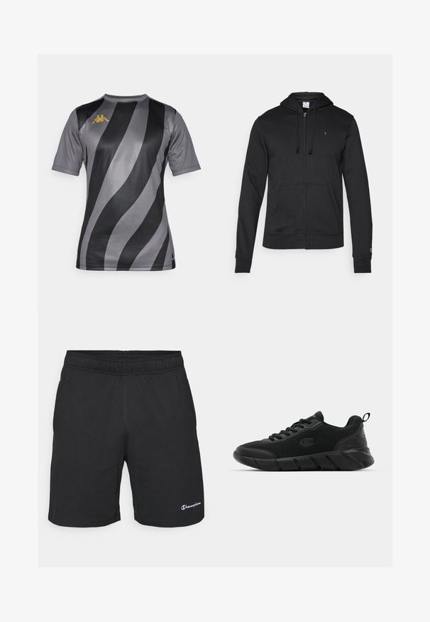 Champion ICONS TONAL FULL ZIP HOODIE - Zip-up sweatshirt - black; Short-sleeve athletic shirt in gray with bold black and lighter gray stripes. Features a gold logo on the left chest. Smooth texture.; Black athletic shorts with an elastic waistband, made of soft fabric, featuring a small white logo on the lower left side.; Black athletic sneakers featuring a mesh upper, reinforced toe, textured midsole, and rear pull tab for easy wear. Logo displayed on side.