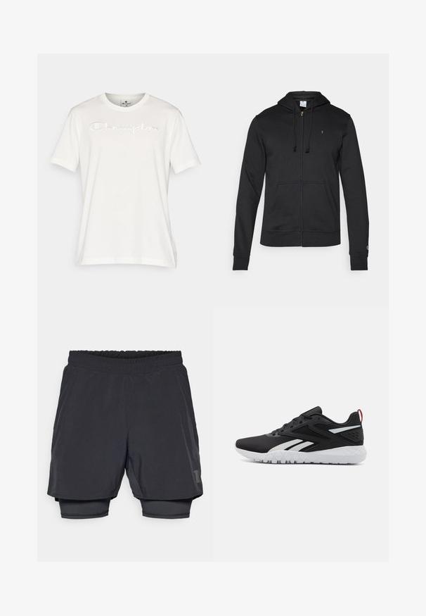 Champion ICONS TONAL FULL ZIP HOODIE - Cipzáras pulóver - black; Fehér, rövid ujjú pamut póló, domború "Champion" logóval a mellkason, kerek nyakkivágással és egyenes aljjal.; Fekete sportnadrág elasztikus derékkal, réteges kialakítással és illeszkedő bélésrésszel. A alsó oldalon diszkrét logó található.; Fekete sportcipők, hálós felsőrésszel, fehér részletekkel, textúrázott talppal és piros sarkú szalaggal a további részletekért.