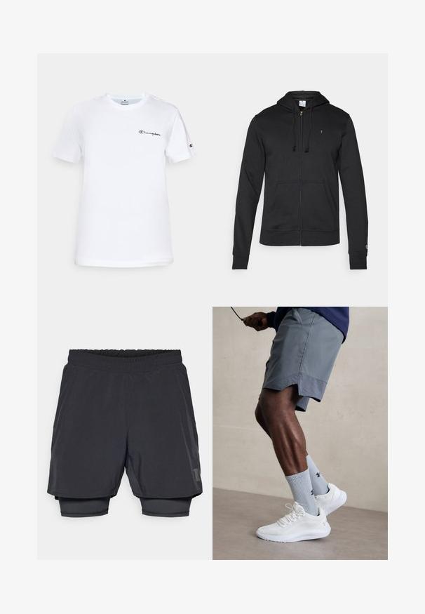 Champion ICONS TONAL FULL ZIP HOODIE - Sweater met rits - black; Witte katoenen t-shirt met een ronde hals, korte mouwen en een zwart geborduurd "Champion" logo op de borst en accent op de mouw.; Zwarte sportshorts met een elastische tailleband, gelaagd ontwerp en een aansluitende binnenvoering. Bevat een subtiele logo aan de onderkant.; Witte sportschoenen met een textuur van gaas aan de bovenkant, gecombineerd met lichtblauwe geribde sokken met een logo. Grijze sportshorts met geperforeerde accent.