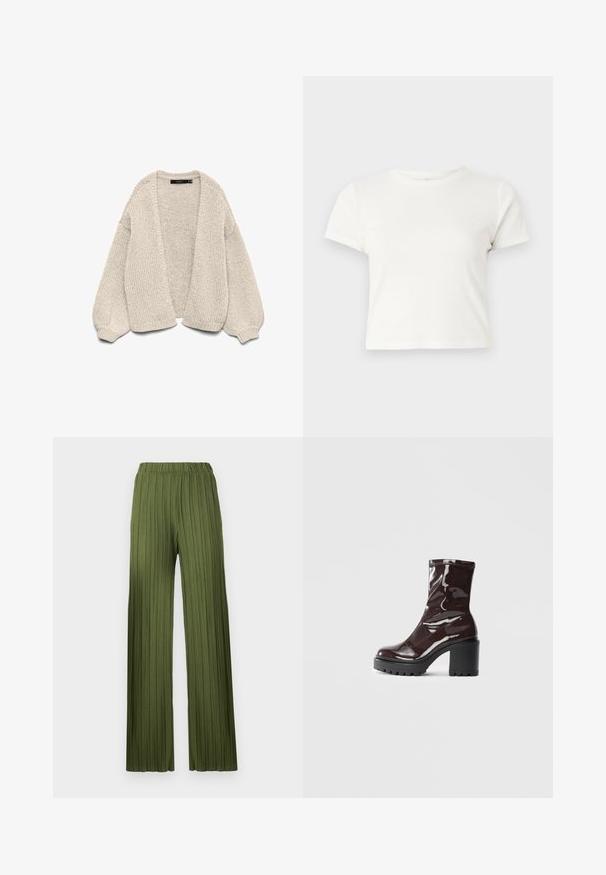 Debeli pleteni bež kardigan otvorenog prednjeg dijela s balon rukavima i rebrastim manžetama, prikazan na bijeloj pozadini.; Kratka bijela majica izrađena od pamuka s kratkim rukavima, okruglim izrezom i ravnim rubom, koja se odlikuje glatkom teksturom i minimalnim dizajnom.; Zelene, plisirane hlače širokog kroja s elastičnim pojasom. Tekstura tkanine sadrži vertikalne pruge koje daju lepršav izgled.; Sjajna burgundska čizma do gležnja s debelim crnim potplatom, koja se odlikuje glatkom teksturom i jednostavnim dizajnom. Nema vidljivih kopčanja ili uzoraka.