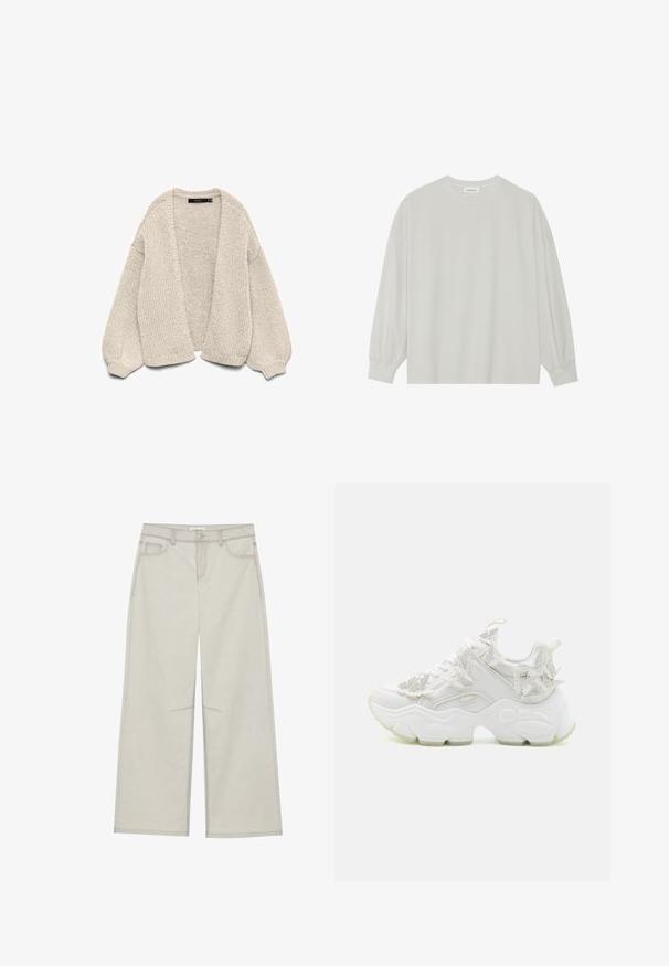 Kraftig strikket, åpen-front beige cardigan med ballongsleeves og ribbestrikkede mansjetter, vist på en hvit bakgrunn.; Lys grå langermet t-skjorte laget av myk bomull. Har en løs passform, rund hals og forsiktig samlet mansjetter. Ingen mønstre eller grafikk.; Lys grå vide bukser med fem lommer, frontknaplukning og kontrastsying langs sømmene. Stoffet ser blødt og holdbart ud.; Hvite sneakers med tykk såle, med blomstermotiver, teksturerte materialer og snøring med logo-detaler.