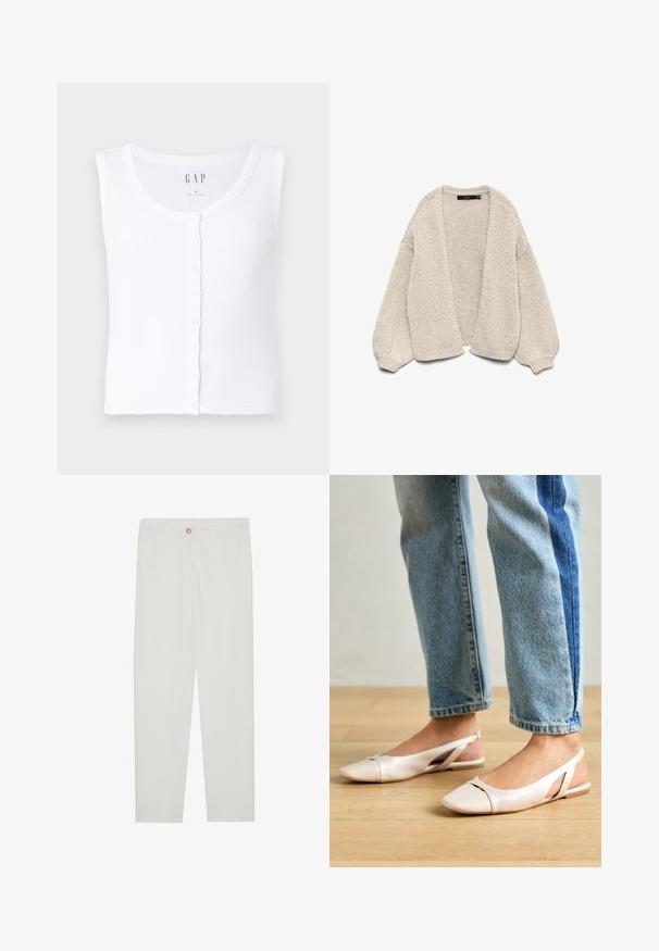 Chunky knit, open-front beige cardigan with balloon sleeves and ribbed cuffs, displayed on a white background.; White ribbed tank top with a scoop neckline, featuring a front button closure. Fabric is soft with a smooth texture. Brand label: GAP. Size: S.; White, tailored trousers with a straight leg design, featuring a button closure, belt loops, and side pockets; smooth fabric texture.; Pale pink slingback flats with a pointed toe, made from a smooth leather-like material. Features cut-out details at the sides and a flat heel.