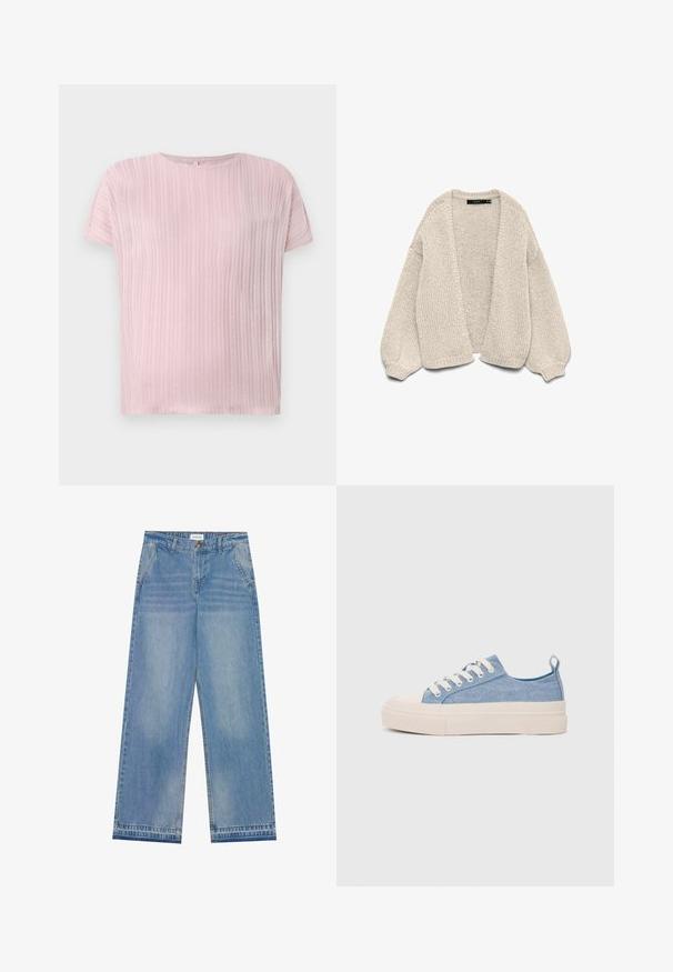 Bő, kötött, nyitott elülső bézs kardigán, ballon ujjakkal és bordás mandzsettákkal, fehér háttér előtt bemutatva.; Világos rózsaszín, rövid ujjú felső, texturált bordázott mintával, kerek nyakkivágással és laza szabással. Puha anyag, enyhe fényű.; Világoskék, magas derekú, bő szabású farmernadrág gombos záródással, elülső zsebekkel, övhurkokkal és finom kopott részletekkel.; Világoskék vászon sportcipők, krémszínű gumitippel és talppal, fehér fűzőkkel és egy húzófüllel a sarkán.