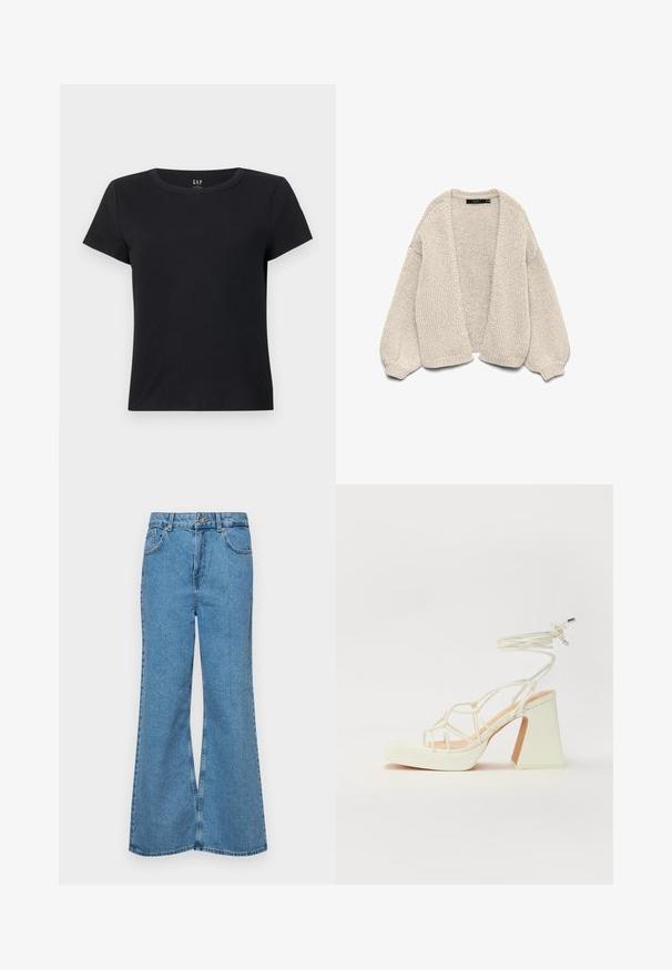 Klasisks džemperis ar atvērtiem galiem, izgatavots no biezas dzijas, gaiši brūnā krāsā, ar burbuļveida piedurknēm un ribotām aprocēm, izstādīts uz baltā fona.; Melna T-krekls ar īsām piedurknēm, izgatavots no ribota auduma, ar apaļu kakla izgriezumu un brīvu piegriezumu. Nav redzamu rakstu vai akcentu.; Gaiši zili, platā piegriezuma džinsi, kas izgatavoti no denima, ar augstu jostasvietu, piecām kabatām un vienu pogu. Mīksta tekstūra ar nolietotu apdari.; Baltas augstpapēžu sandales ar masīvu papēdi, ar siksnu dizainu un potītes saistītiem elementiem. Gluda tekstūra ar platformu priekšpusē, lai nodrošinātu papildu augstumu.