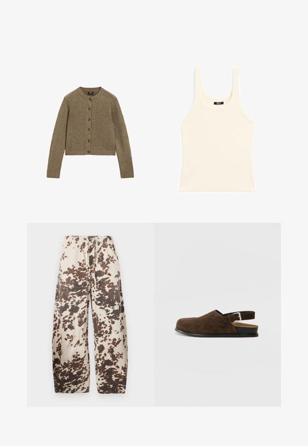 Brauner gerippter cardigan mit langen Ärmeln, Rundhalsausschnitt und sieben vorderen Knöpfen. Hat einen cropped Schnitt und ein strukturiertes Strickmuster.; Hellbeige Trägershirt aus Rippenstoff mit rundem Ausschnitt und breiten Trägern, in schmaler Passform und mit minimaler Ausstattung.; Beige weite Baumwollmischungshosen mit einem braunen Spritzmuster. Mit einem elastischen Bund und zwei Seitentaschen.; Braune Wildleder-Ballenrutscher mit niedrigem Absatz, verstellbarem Riemen mit silberner Schnalle und schwarzer Gummisohle.