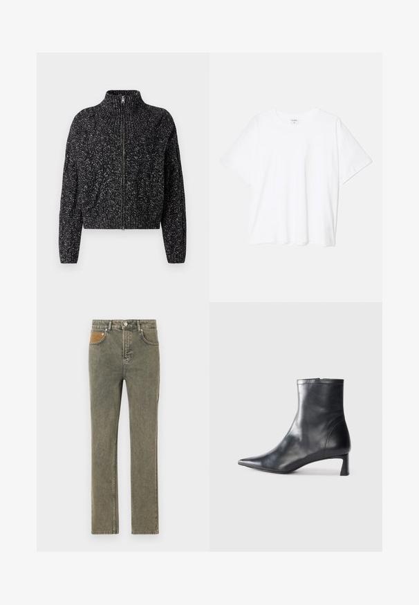 CLOSED TROYER ZIP CARDIGAN - Casaco de malha - dark grey melange; T-shirt de algodão branco com mangas curtas, decote redondo, corte descontraído e bainha cosida. Etiqueta visível no interior do pescoço.; Jeans de ganga verdes com um design de perna reta, apresentando um bolso de veludo cotelê castanho e um desbotamento subtil por todo o tecido.; Bota de tornozelo em pele preta com biqueira apontada e um design elegante. Apresenta um salto baixo e um fecho com zipper na parte de trás. Textura suave.