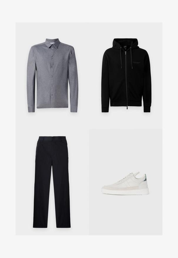 Črna zip-up kapuca iz mešanice bombaža. Ima kapuco, vrvice ter majhen logotip na levem prsnem delu. Gladka tekstura, rebraste manšete.; Sivá dolgorna majica s kratkimi rokavi in klasičnim ovratnikom, izdelana iz lahkega, teksturiranega blaga, s šestimi sprednjimi gumbi.; Črne hlače iz lahke, teksturirane tkanine, ravne noge, elastičen pas in stranski žepki na zadrgo.; Beli usnjeni športni čeveljčki z sivo alkantaro, z vezalkami, z ježkom in teksturiranim gumijastim podplatom s cik-cak vzorcem.