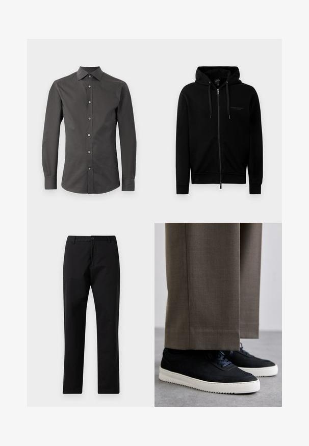 Svart hettegenser med glidelås laget av bomullsblanding. Den har hette, snor og en liten logo på venstre bryst. Glatt tekstur, ribbete mansjetter.; Mørkegrå langermet skjorte laget av glatt stoff med spiss krage, frontknapper og figursydd design. Ingen mønstre eller aksenter til stede.; Svarte rette bukser med knapp- og glidelås-lukking, beltehemper og frontlommer, vist på hvit bakgrunn.; Svarte suedeglans sneakers med hvite gummisåler, med rund tå og lisser, iført grå skreddersydde bukser.