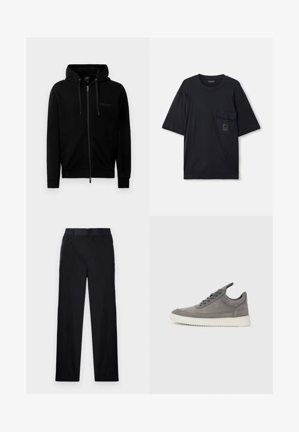 Crna zip-up dukserica napravljena od mješavine pamuka. Ima kapu, šnalu i mali logo na lijevom prsnom dijelu. Glatka tekstura, rebrasti rukavi.; Crna kratka majica s kratkim rukavima i okruglim izrezom, s preklopnom džepom na lijevoj strani prsnog dijela, koja sadrži mali pravokutni logotip.; Crne hlače od lagane, teksturirane tkanine, ravnog kroja, s elastičnom gumicom u struku i bočnim džepovima sa zatvaračem.; Sive tenisice od suedenog materijala s teksturiranim finišem, sa bijelim gumеним đonom, okruglim vezicama i niskim dizajnom.