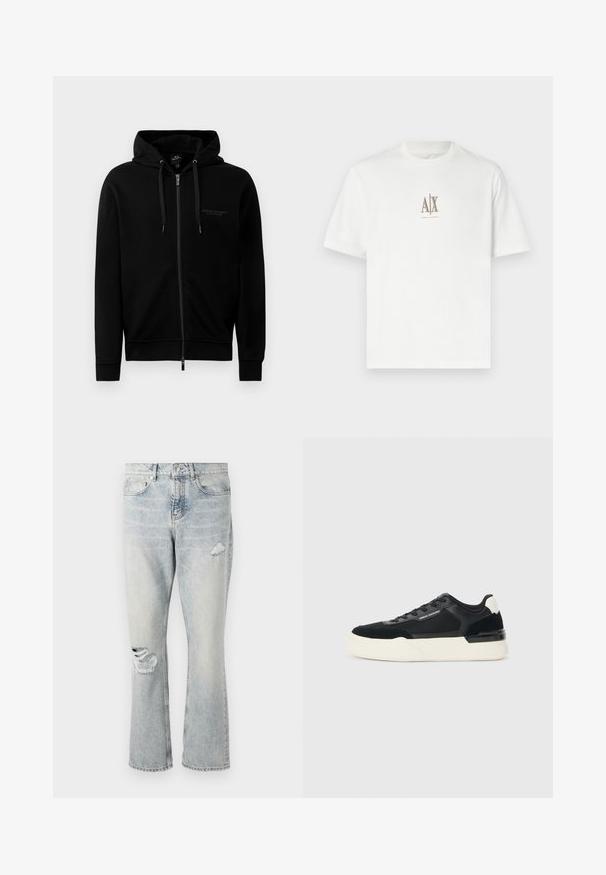 Mustast lõhikuga kapuutsiga sviiter, mis on valmistatud puuvillase segu materjalist. Omab kapuutsi, paeltest reguleerimist ja väikest logo vasakul rinnal. Sile tekstuur, soonilised varrukate otsad.; Valge puuvillane T-särk ümmarguse kaelusega. Omab väikest beeži logot "A|X" ja "ARMANI EXCHANGE" trükituna alla. Lühikesed varrukad, regulaarne lõige.; Heledad sinine teksapüksid kõrge vöökoht, sirged sääred ja kulunud detailid paremal reiel ja vasakul põlvel.; Must musta, mis on valmistatud võrkmaterjalist ja nahast, pakub paksu valget tallat ja kontrastseid aktsente. Paelad ja logo detail külje peal.