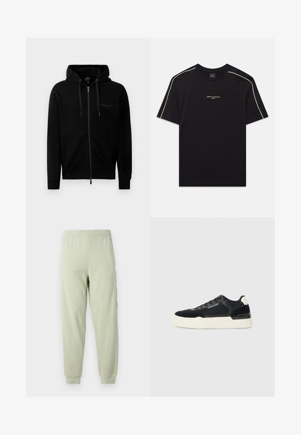 Melna kapu svars ar rāvējslēdzēju, izgatavots no kokvilnas maisījuma. Iezīmējas ar kapuci, virvītēm un mazu logo kreisajā krūšu pusē. Gluda tekstūra, ribinātas piedurknes.; Melna kokvilnas T-kreklā ar īsām piedurknēm, noapaļotu kakla izgriezumu, bēšas akcentu šķērsšuvēm plecos un ARMANI EXCHANGE logotipu vidū.; Gaiši zaļi sporta bikses ar elastīgu jostasvietu, sašaurināta kāju dizains un sānu kabatām. Gluda, viegla auduma ar matētu virsmu.; Melnas sporta kurpes, kas izgatavotas no sieta un ādas, ar biezām baltām zoles un kontrastējošiem akcentiem. Mežģīņu un logo detaļa sānos.